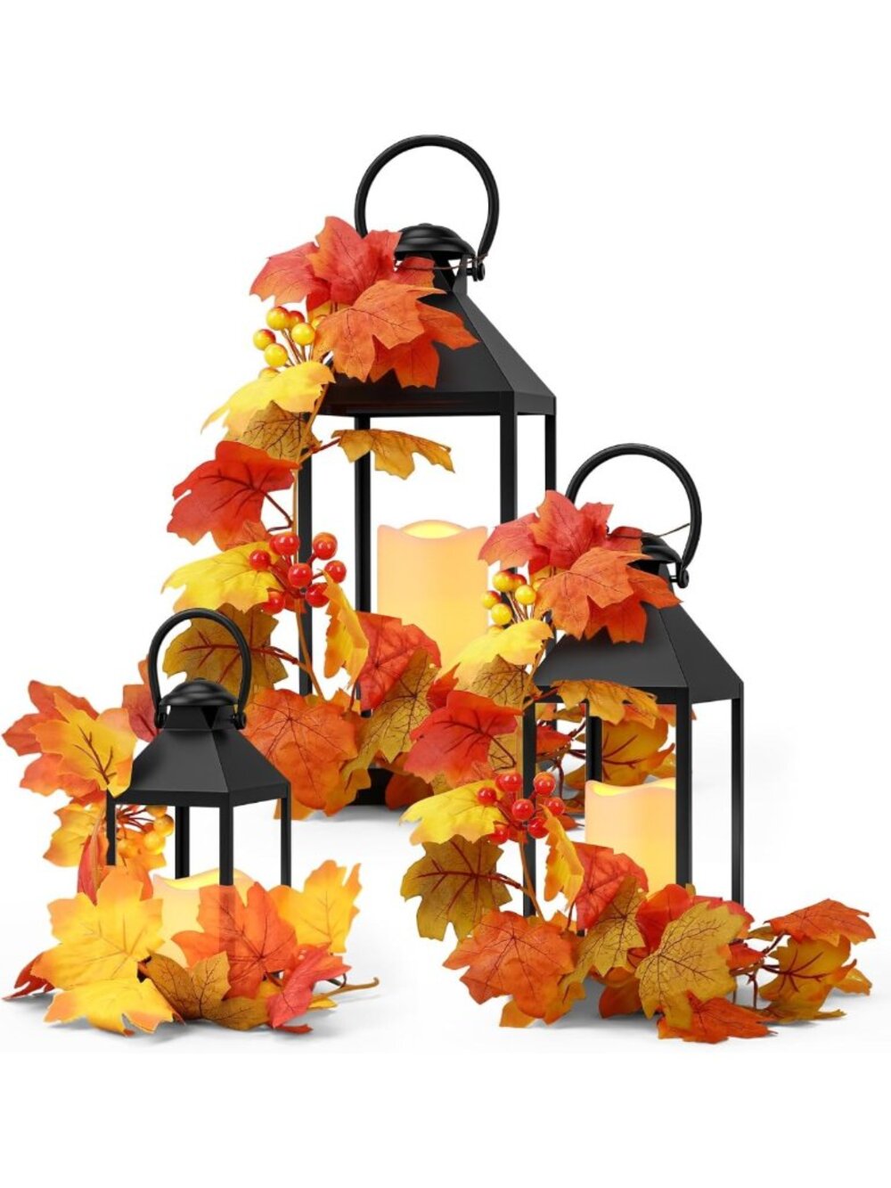 3-Piece Fall LED Lantern Set with Maple Pumpkin Vine - Vintage Indoor/Outdoor